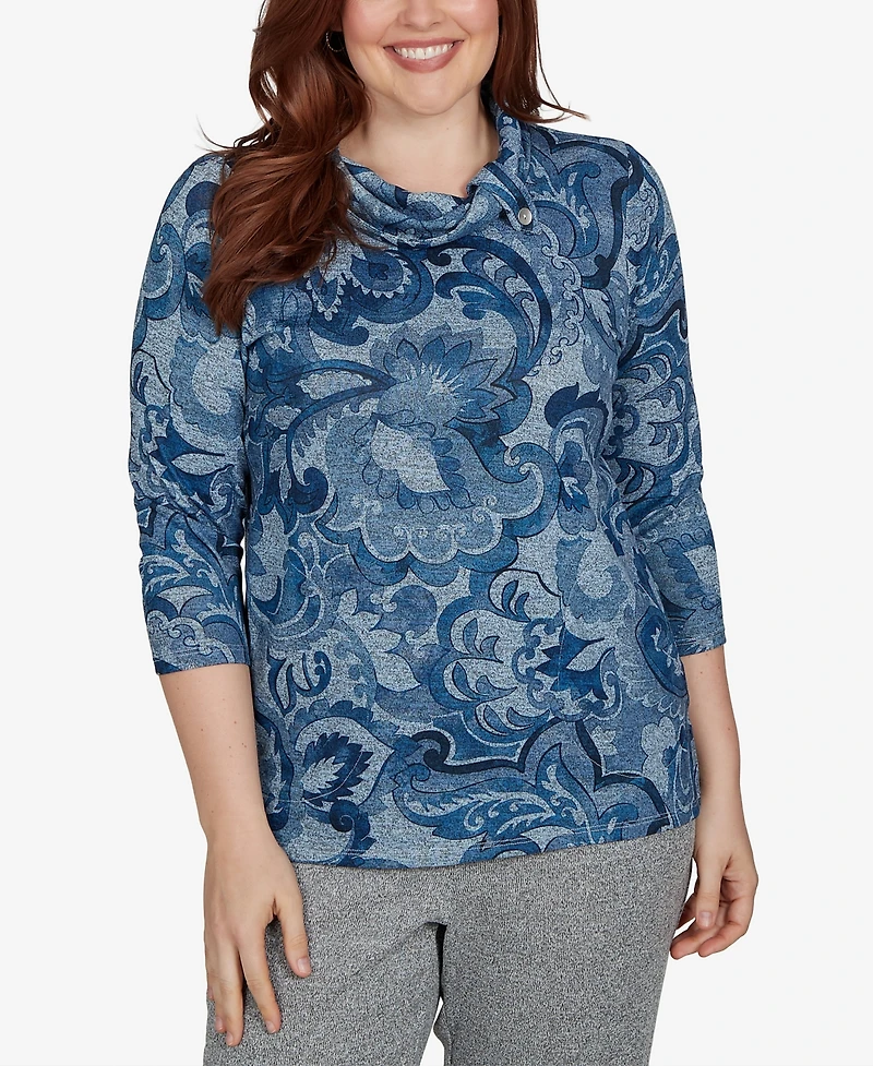 Alfred Dunner Women's Paisley Scroll Cowl Neck Pocket Top