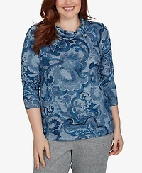 Alfred Dunner Women's Paisley Scroll Cowl Neck Pocket Top