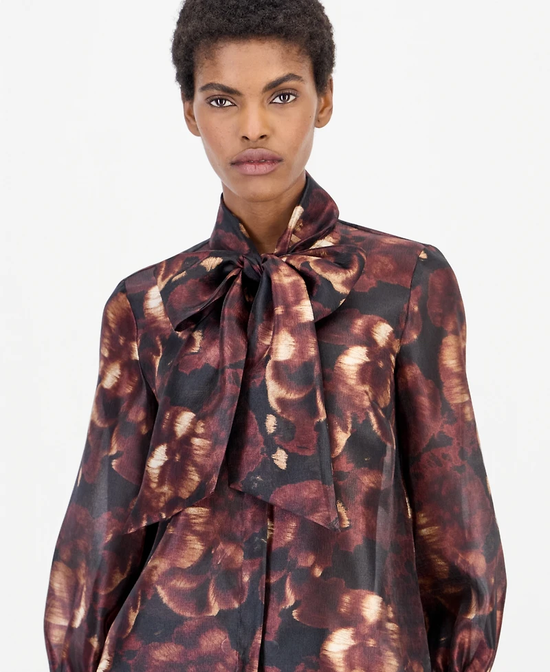 Anne Klein Women's Bow Neck Long Sleeve Floral Blouse