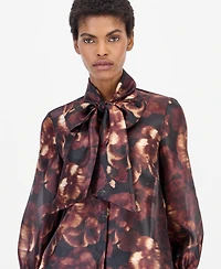 Anne Klein Women's Bow Neck Long Sleeve Floral Blouse