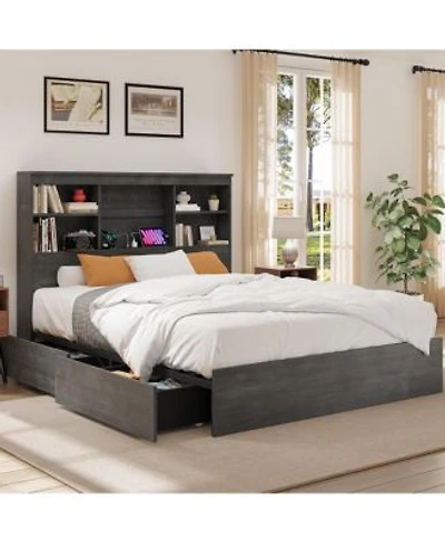 Homfan Wood Bed Frame With Bookcase Headboard 4 Storage Drawers Built In Charging Station Metal Platform Noise Free No Box Spring Needed