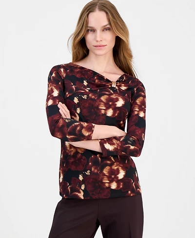 Anne Klein Women's Printed Asymmetric-Neck 3/4-Sleeve Top