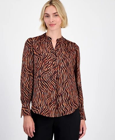 Anne Klein Women's Printed V-Neck Long-Sleeve Blouse