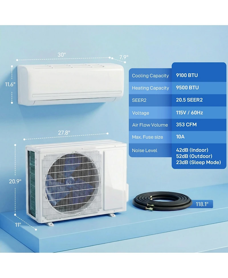 Homcom 9100 Btu Mini Split Air Conditioner 20.5 SEER2 115V Ductless Ac Unit