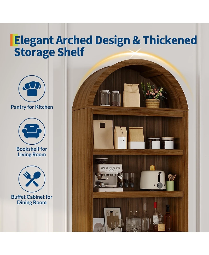 homfan 71 Inch Tall Arched Bookshelf, 6-Tier Freestanding Bookcase with Drawer and Display Shelves, Walnut Grain, Gold Handles, for Living Room