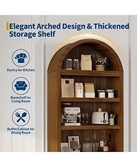 homfan 71 Inch Tall Arched Bookshelf, 6-Tier Freestanding Bookcase with Drawer and Display Shelves, Walnut Grain, Gold Handles, for Living Room
