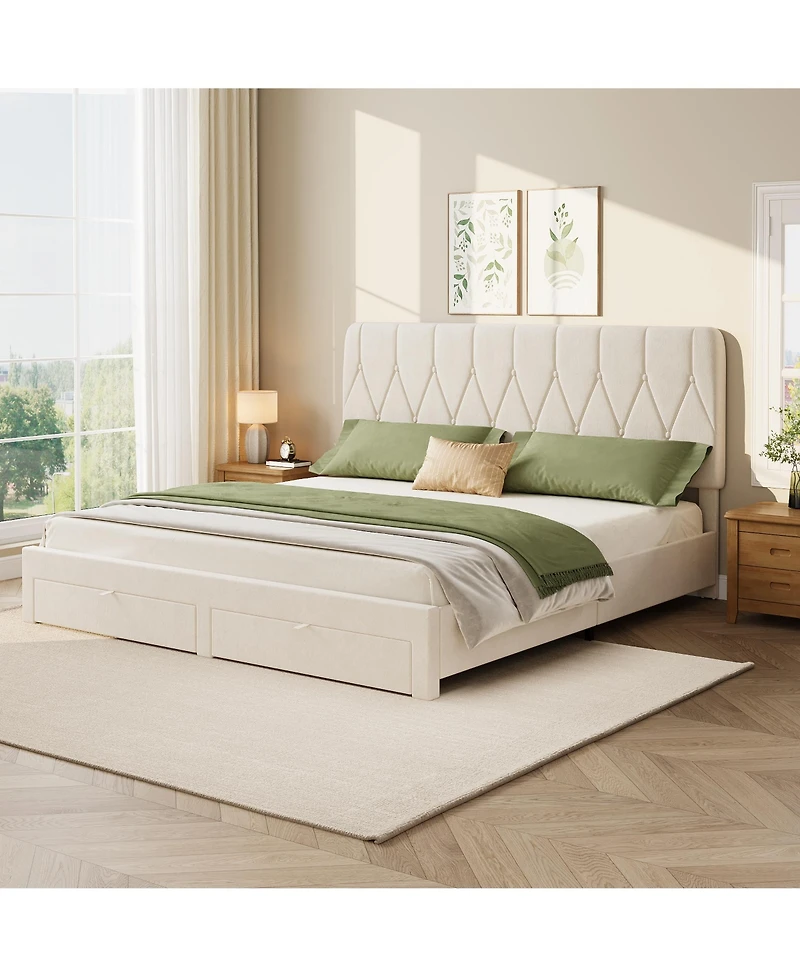 gaomon Bed Frame with 2 Drawers, Velvet Upholstered Platform Bed with Wooden Slats for Bedroom, No Box Spring Needed, Easy Assembly