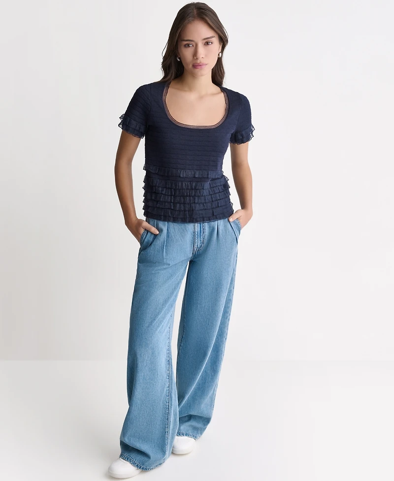 Bcbg Women's Pointelle Ruffle Short-Sleeve Sweater