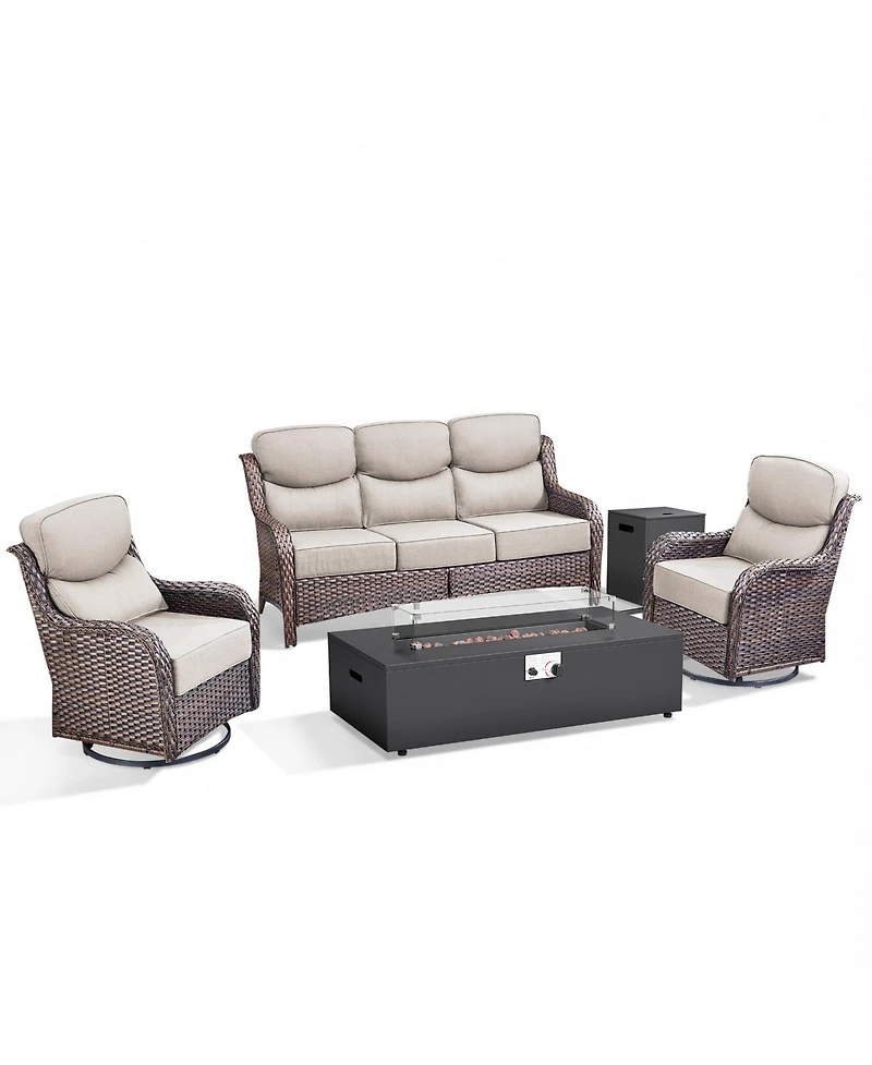 Pocassy 7 Pieces Patio Rocking Swivel Chair with Fire Pit Table Outdoor Wicker Rattan Bistro Set Tempered Glass Side