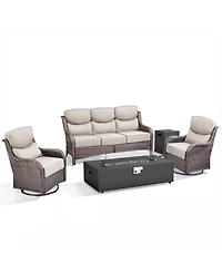 Pocassy 7 Pieces Patio Rocking Swivel Chair with Fire Pit Table Outdoor Wicker Rattan Bistro Set Tempered Glass Side
