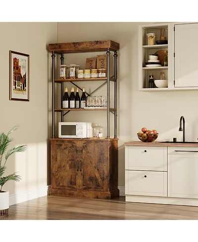 73.6 Inch Tall Vintage Wood and Metal Bookcase with Cabinet, 4-Tier Industrial Farmhouse Storage Display Shelf for Living Room, Home Office