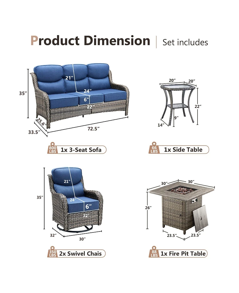 Pocassy Patio Furniture Set with 6-inch Thick Cushion, Outdoor Fire Pit, Swivel Chairs, 5pices Wicker Conversation