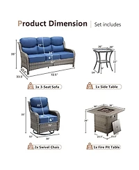 Pocassy Patio Furniture Set with 6-inch Thick Cushion, Outdoor Fire Pit, Swivel Chairs, 5pices Wicker Conversation