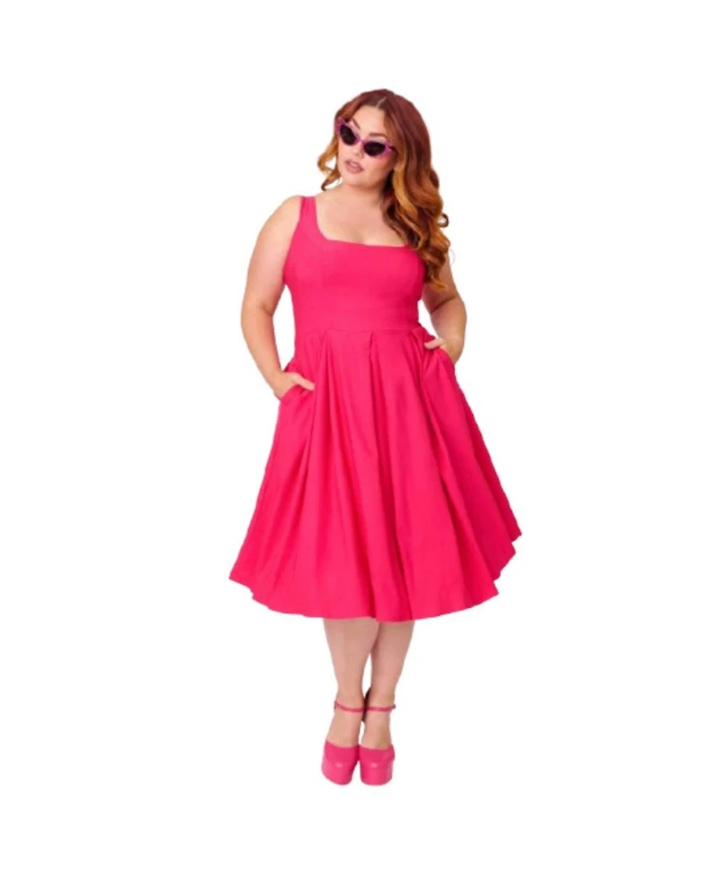 Unique Vintage Plus Square Neck Pleated Swing Dress