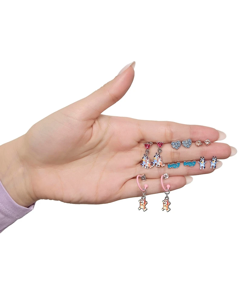 Bluey Earrings Set 6 Pairs Official License, Fashion Studs, Hoops, and Bluey and Bingo Dangle Charm Earrings with Crystals