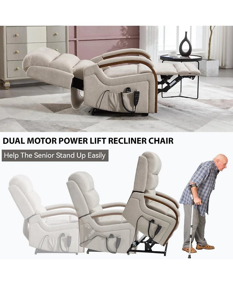 Clihome Power Chenille Lift Recliner Chair Dual Motor Infinite Position Up to 350 Lbs with Solid Wood Armrests