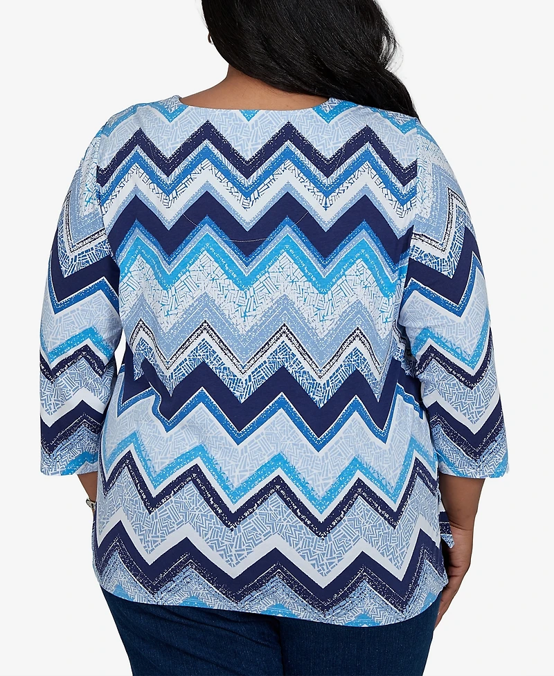 Alfred Dunner Plus Chevron Blues Split Neck Top