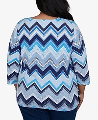 Alfred Dunner Plus Chevron Blues Split Neck Top