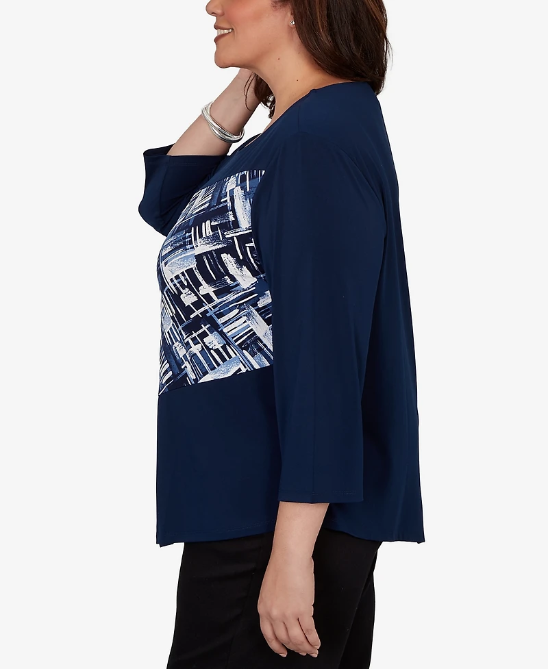Alfred Dunner Plus Etched Plaid Diagonal Puff Printed Top