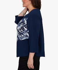 Alfred Dunner Plus Etched Plaid Diagonal Puff Printed Top