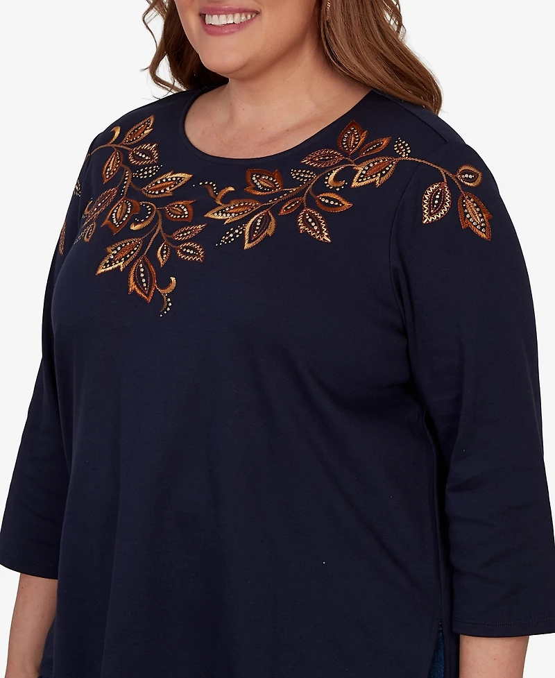 Alfred Dunner Plus Autumn Embroidered Navy Knit Top