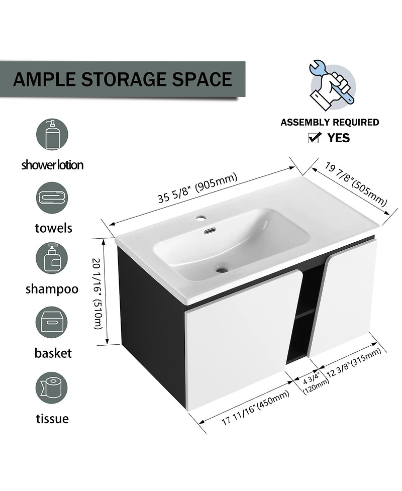 Sillysis Wall Mounted Bathroom Vanity with Ceramic Sink, Soft Close Doors, Plywood Cabinet, Ample Storage for Modern Bathrooms