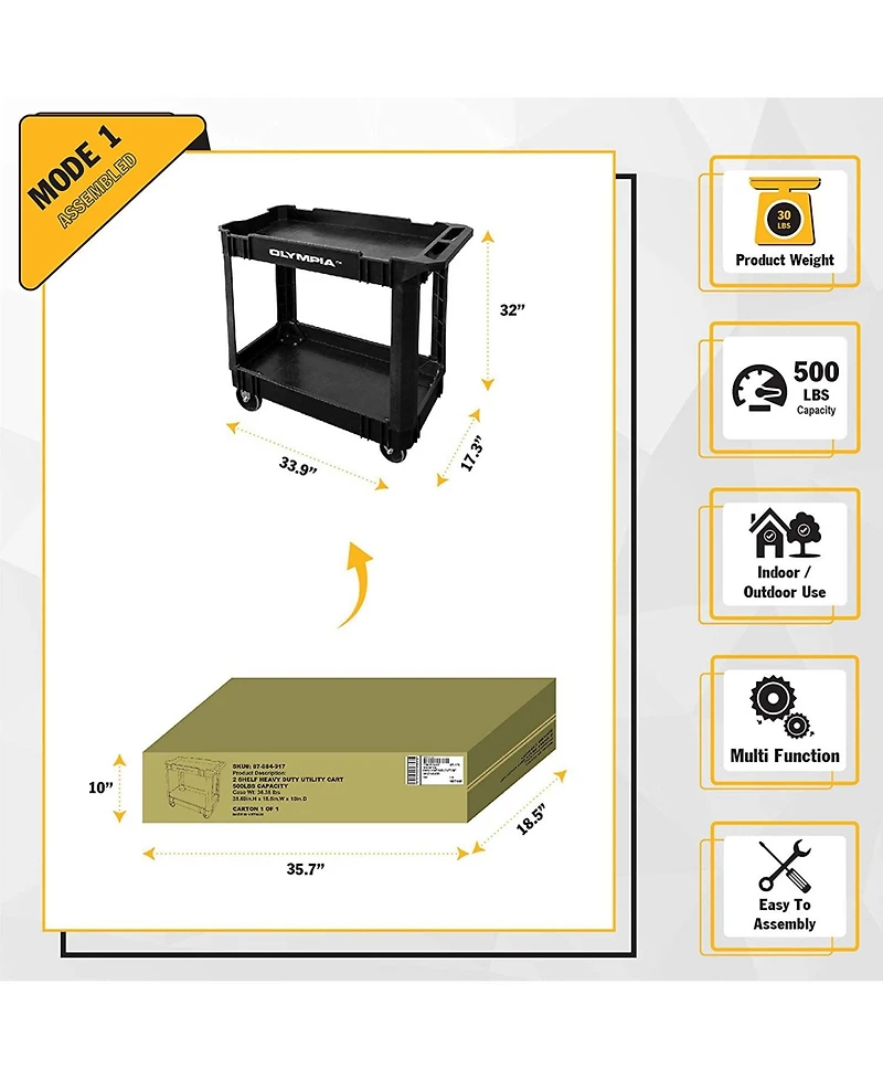 Olympia Tools 500 Pound Capacity Plastic Rolling Utility Cart Shelves
