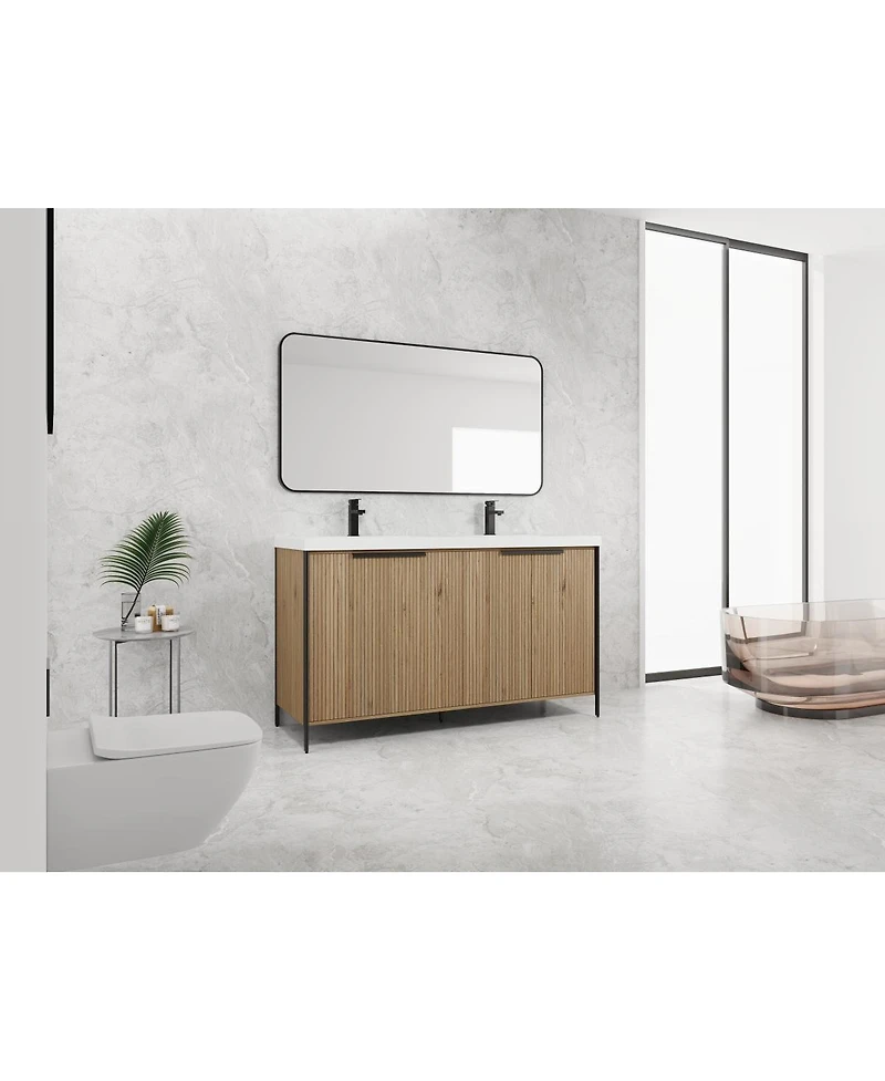 Sillysis 59 Inch Double Sink Bathroom Vanity with Resin Top, Soft Close Doors, Adjustable Shelf, Plywood Cabinet for Modern Bathrooms