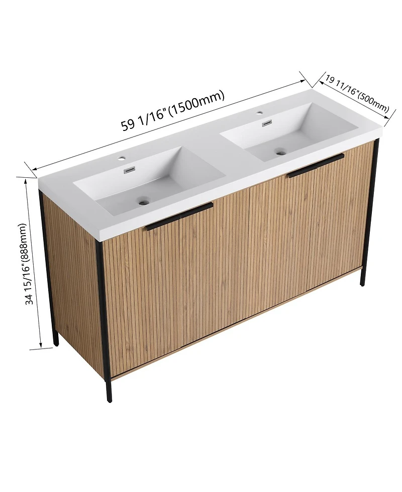 Sillysis 59 Inch Double Sink Bathroom Vanity with Resin Top, Soft Close Doors, Adjustable Shelf, Plywood Cabinet for Modern Bathrooms