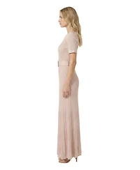 Modenaire Women's Ribbed Knit Belted Pleated Midi Dress