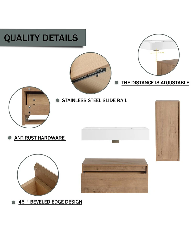 Sillysis 29.5 Inch Wall Mounted Modern Bathroom Vanity with Resin Sink, Soft Close Drawer