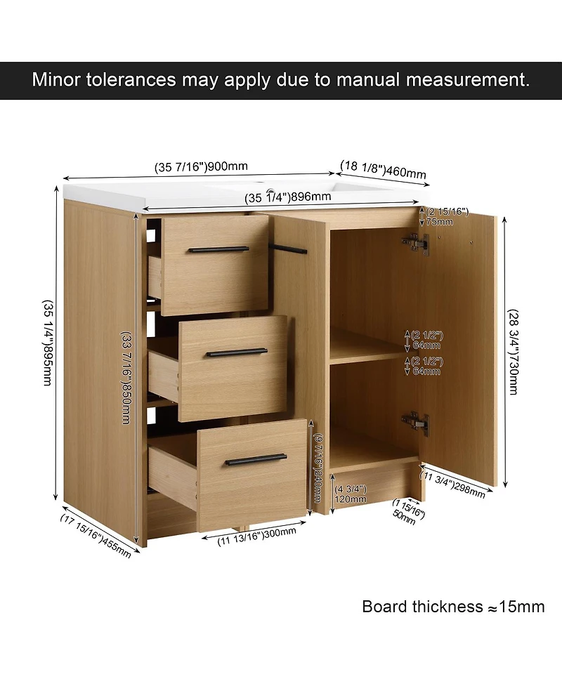 Sillysis 36 Inch Freestanding Bathroom Vanity with 3 Drawer Cabinet, Integrated Resin Sink, Soft-Close Doors and Adjustable Storage