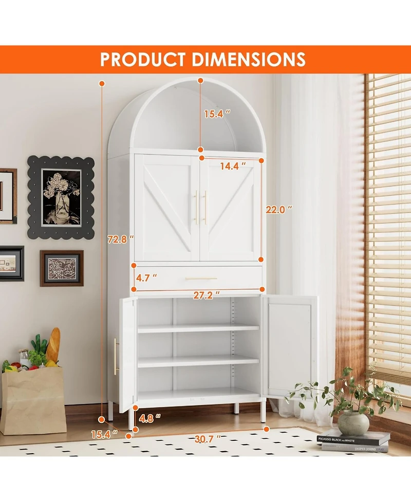 Boyel Living 72.8" Metal Arched Pantry Cabinet, Farmhouse Kitchen Organizer with Drawer and Adjustable Shelves
