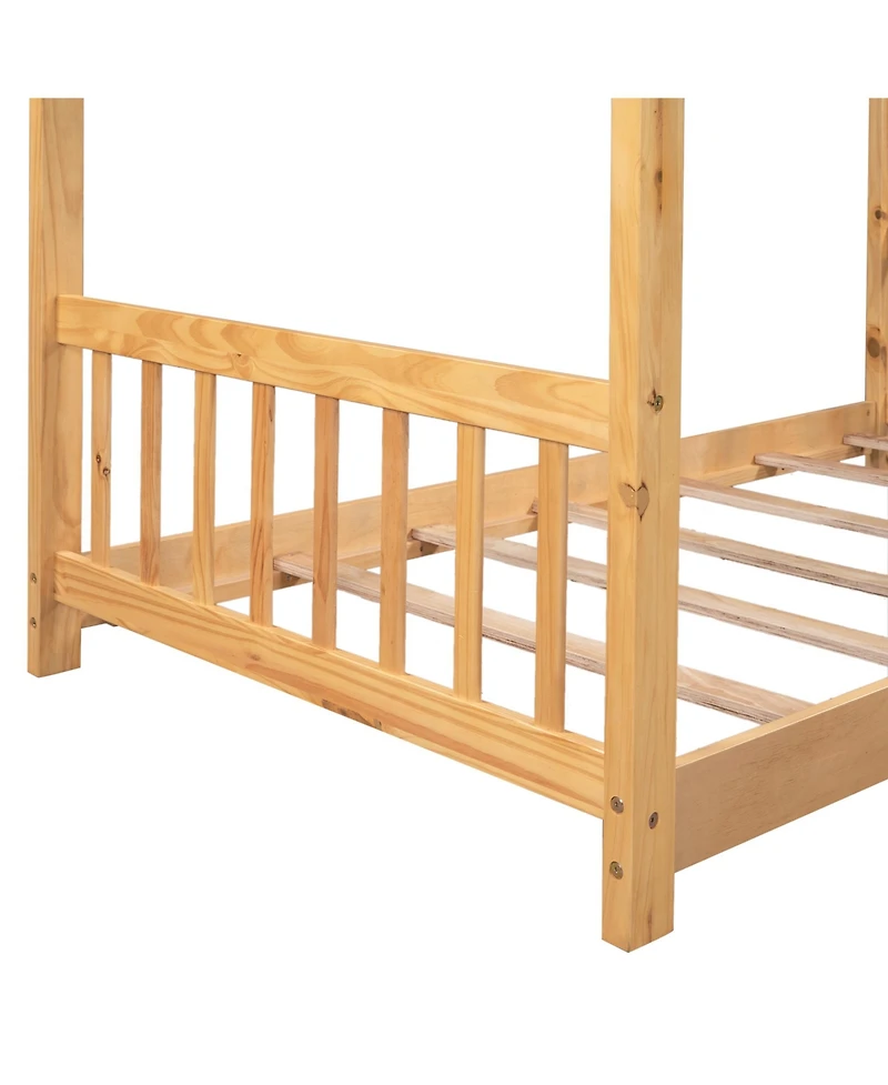 flynama Twin Size Natural Wood House Platform Bed with Headboard Footboard Roof Design and Open Concept