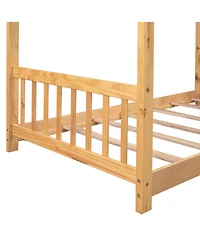 flynama Twin Size Natural Wood House Platform Bed with Headboard Footboard Roof Design and Open Concept