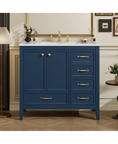 Thirtypeachy 36" Classic Vanity With Ceramic Sink, Solid Pine Frame Mdf Cabinet, Soft-Close Door 4 Drawers