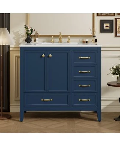 Thirtypeachy 36 Classic Vanity With Ceramic Sink Solid Pine Frame Mdf Cabinet Soft Close Door 4 Drawers