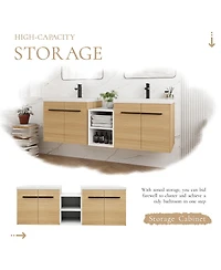 Sillysis 59 Inch Wall Mounted Double Bathroom Vanity with Dual Resin Sinks and Open Storage Shelves for Modern Master Bath