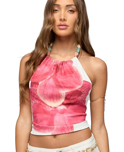 Edikted Women's Backless Flower Bead Halter Top