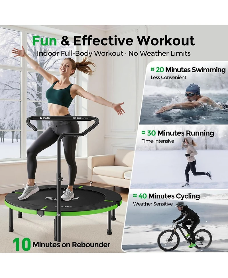 Bcan SP3 Foldable Mini Rebounder Trampoline with Adjustable T Shape Foam Handrail 48 Inch Indoor Garden Workout Trampoline for Adults 440LBS