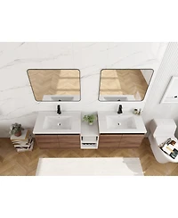 Sillysis Inch Wall Mounted Double Bathroom Vanity with Dual Resin Sinks and Open Storage Shelves for Modern Master Bath