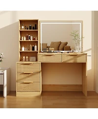 homfan 48"Fluted Vanity Desk with Lights, Glass Top Dressing Table with 5 Drawers and Charging Station, 36" Mirror, Wood, Oak Finish Bedroom Furniture