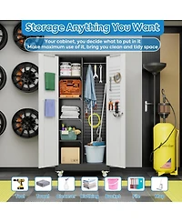Boyel Living 71" Broom Closet Storage Cabinet with Wheels, Lockable Metal Organizer with Pegboard and Hooks for Garage