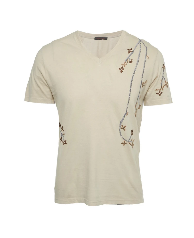 Pre-Owned Roberto Cavalli Men's Floral Embroidered Jersey V-Neck T-Shirt