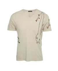 Pre-Owned Roberto Cavalli Men's Floral Embroidered Jersey V-Neck T-Shirt
