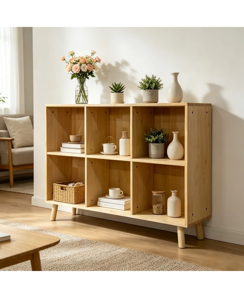 Rainsken 6 Cube Wooden Storage Shelf, with Legs, 2 Tier Cube Low Horizontal Bookcase, for Living Room, Bedroom, Office, Entryway