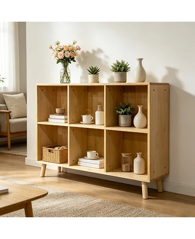 Rainsken 6 Cube Wooden Storage Shelf, with Legs, 2 Tier Cube Low Horizontal Bookcase, for Living Room, Bedroom, Office, Entryway