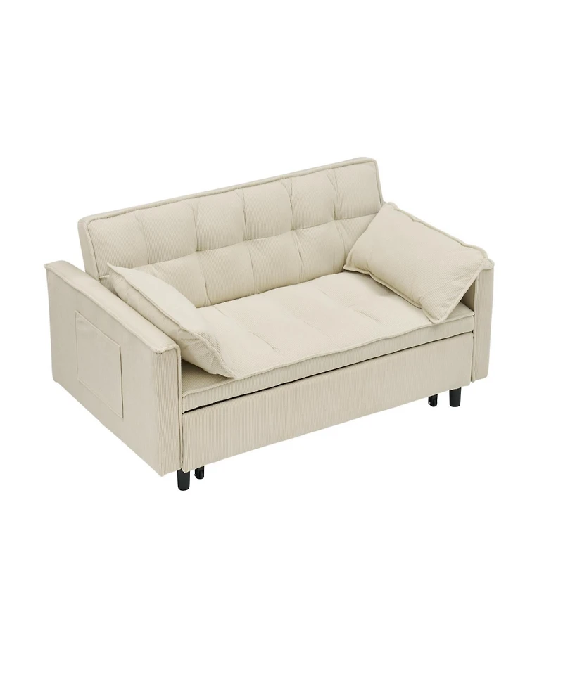 Rainsken 3 1 Convertible Sleeper Sofa Bed, with Toss Pillows, Pockets, Corduroy Loveseat Pull-Out Couch, for Small Apartment, Living Room, Office