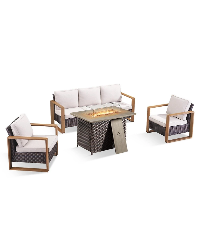 Pocassy 4 Piece Patio Furniture Set 41in Fire Pit Table Outdoor Sets Couch Chairs Propane