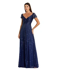 Mac Duggal Women's Beaded Cap Sleeve V-Neck A-Line Evening Gown